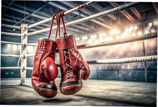 A pair of vintage boxing gloves hanging in a boxing ring, bathed in the warm glow of stadium lights, symbolizing the anticipation and intensity of the sport
