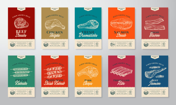 Meat, Fish, Poultry and Kebabs Abstract Vector Packaging Labels Design Set. Modern Typography Banners, Hand Drawn Beef, Chicken Food Illustrations. Color Paper Background Layouts Collection Isolated