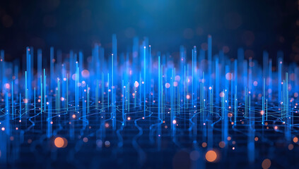 Abstract digital cityscape with glowing blue light streaks and bokeh effects representing data flow and technology