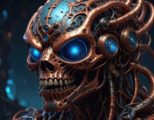 A detailed close-up of a complex, metallic skull-like robot head, featuring intricate copper and steel mechanisms, and glowing blue eyes.
