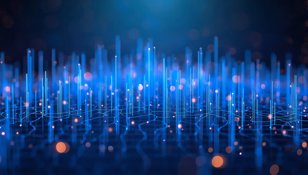 Abstract digital cityscape with glowing blue light streaks and bokeh effects representing data flow and technology
