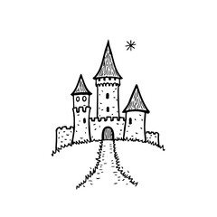 Hand drawn majestic fortified structure fantasy residence with spires on hilltop pathway sketch art