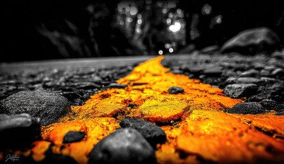 Close-up of a vibrant yellow road line on a dark gray asphalt road