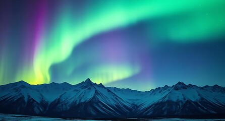 Vibrant Green and Purple Aurora Borealis Over a Snowy Mountain Range at Night.