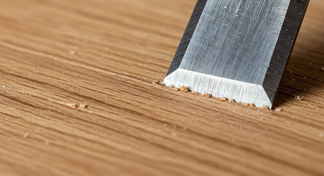 a chisel blade making a clean, deep cut into a piece of oak, with wood fibers visible at the cutting edge.