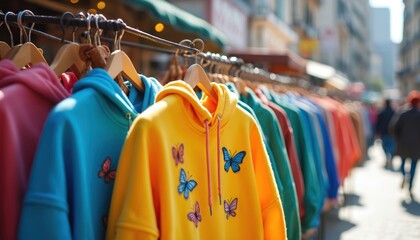 Colorful hoodies featuring butterfly graphics hang on display at outdoor street market. Apparel collection includes yellow, blue, pink, green garments. Casual, trendy attire suitable for spring,