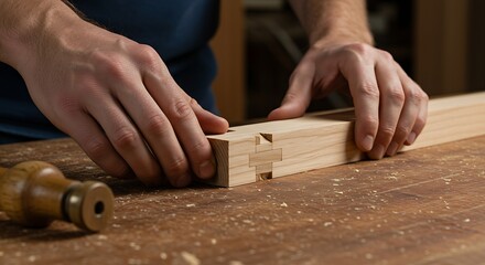 A joiner's hands carefully aligning two pieces of wood for a perfect dovetail joint with a focus on the intricate fit.