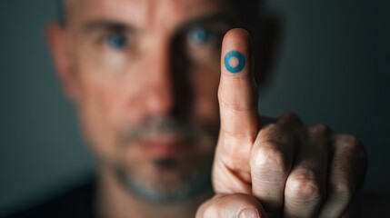 Fototapeta premium Close-up portrait of man pointing forward with blue circle drawn on fingertip, realistic photography style with blurred dark background, symbol of World Diabetes Day awareness and support