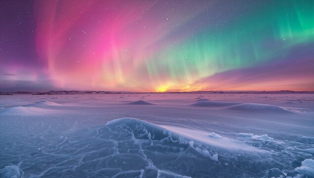 Vivid northern lights illuminate the frozen arctic landscape featuring hues of pink, green, and purple glowing across the night sky above icy snowdrifts under a serene horizon