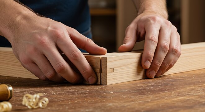 A joiner's hands carefully aligning two pieces of wood for a perfect dovetail joint with a focus on the intricate fit.