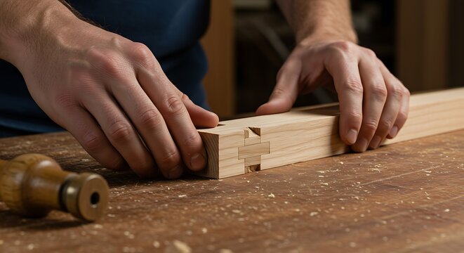 A joiner's hands carefully aligning two pieces of wood for a perfect dovetail joint with a focus on the intricate fit. - Powered by Adobe