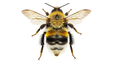 Isolated Bumble Bee, a flying insect with pollen, fuzzy and striped in yellow and black, summer