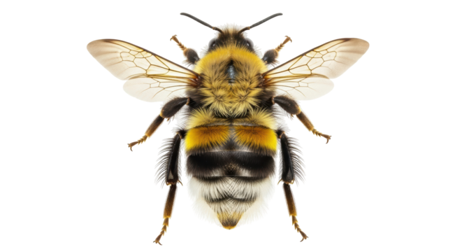 Isolated Bumble Bee, a flying insect with pollen, fuzzy and striped in yellow and black, summer