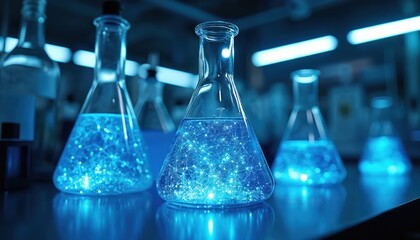 Laboratory flasks contain glowing blue liquid with intricate network patterns. Glass beakers with scientific research fluid. Advanced technology, chemistry discovery, molecular visualization concept.