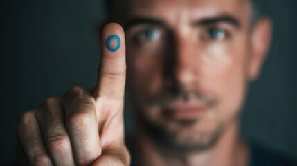 Close-up portrait of man pointing forward with blue circle drawn on fingertip, realistic photography style with blurred dark background, symbol of World Diabetes Day awareness and support