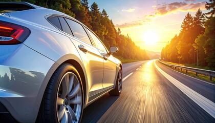 Silver Car on Highway During Sunset with Lush Green Trees and Bright Sunlight Automotive Adventure and Road Trip