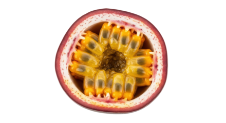 Isolated passionfruit sliced open, revealing inner pulp and seeds, a vibrant and healthy fruit