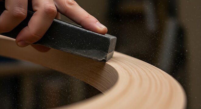 a sanding block being pushed along the edge of a curved piece of wood, with a focus on the fine dust being created.
