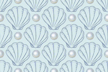Seamless pattern with shine pearl and shell on blue background in watercolor. Hand drawn textured outline in elegant coastal design. Great for wedding fabric or wallpaper. Perfect for luxury print.