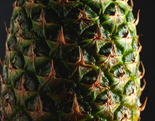 A dramatic, low-angle close-up of a pineapple crown. An abstract and architectural food concept.