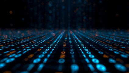 Abstract digital stream of glowing blue and orange binary code data flowing into the darkness with bokeh effects