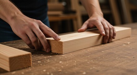 a woodworker's hands selecting and inspecting a piece of raw lumber, with focus on the natural knots and grain.
