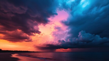 Obraz premium Lightning striking during a dramatic tropical storm, illuminating the ocean at sunset with vibrant hues of orange, red, and purple