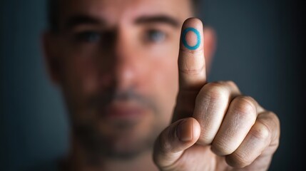 Close-up portrait of man pointing forward with blue circle drawn on fingertip, realistic photography style with blurred dark background, symbol of World Diabetes Day awareness and support