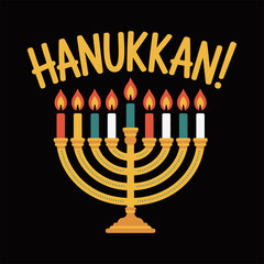 Hanukkah celebration poster, golden menorah with bright flames, bold lettering arc, dramatic black background, festive holiday graphic, vector