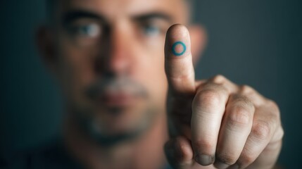 Close-up portrait of man pointing forward with blue circle drawn on fingertip, realistic photography style with blurred dark background, symbol of World Diabetes Day awareness and support