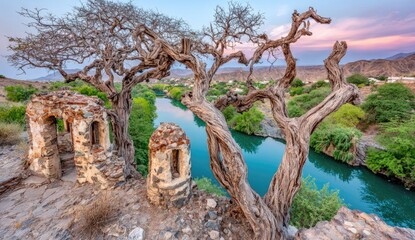 Ancient ruins overlook a tranquil river with gnarled trees