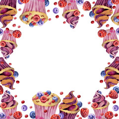 Cupcakes, muffins with berries on top, fresh bilberry, blueberry and raspberry with whipped cream, candy bonbons frosting. Hand painted isolated border illustration. Corner frames, festive cards.