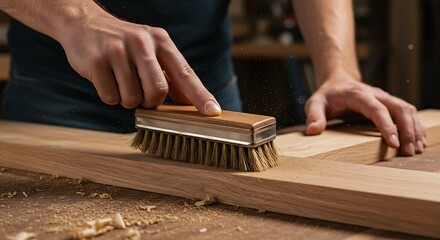 A woodworker's hands carefully brushing away sawdust from a finished piece of wood, revealing the clean surface beneath.