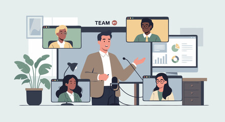 Professional online presentation for remote work team collaboration, featuring a speaker leading a virtual meeting with diverse participants connected via video conference