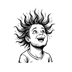 Illustrative excited boy with wild hair gazing upwards in wonder and amazement expression