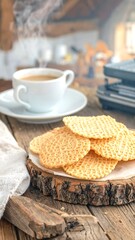 Honeycomb waffles, coffee, rustic breakfast scene