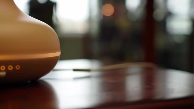 Ultrasonic air humidifier and aroma diffuser on a dark wood surface, enhancing home comfort with soothing scents for stress relief