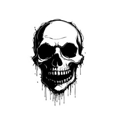 Ink illustration of human skull with dripping paint evokes mortality and artistic expression