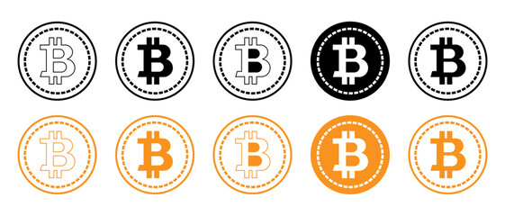 Set of Bitcoin symbols displayed in different color variations (black, white, and orange/beige).