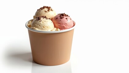 Ice cream tub mockup featuring scoops of vanilla, strawberry flavors, topped with chocolate shavings. Presented in simple brown container against clean white background. Ideal for food branding,