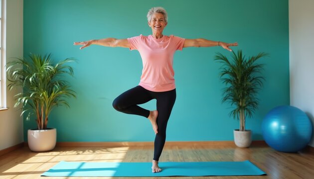 Senior woman practices balance exercises, tree pose on yoga mat in bright indoor studio. Smiling, engaged in fitness activity. Healthy aging, active lifestyle, wellness, mindful movement, body care. - Powered by Adobe
