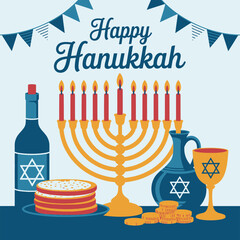 Happy Hanukkah scene, menorah with candles, wine bottle, sufganiyot donuts, gelt coins, gifts and bunting, festive vector illustration