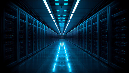 Futuristic blue glowing server room corridor with rows of data racks and ceiling lights creating a sense of advanced technology