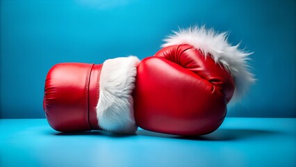 Festive fight a pair of red boxing gloves adorned with white fur cuffs, reminiscent of santa claus, rest on a vibrant blue backdrop, ready for a christmas challenge