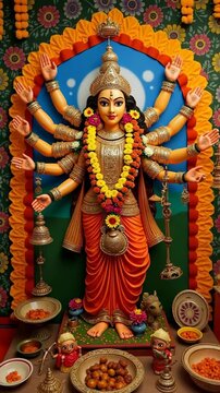 Happy odia new year with lord jagannath and decoration. Vibrant statue of Goddess Durga adorned with garlands and ornaments, surrounded by traditional offerings during a Hindu religious festival.