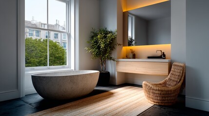 Fototapeta premium A bathroom with a large bathtub, a potted plant, and a chair. The room has a modern and clean design, with a window that lets in natural light. The potted plant adds a touch of greenery to the space