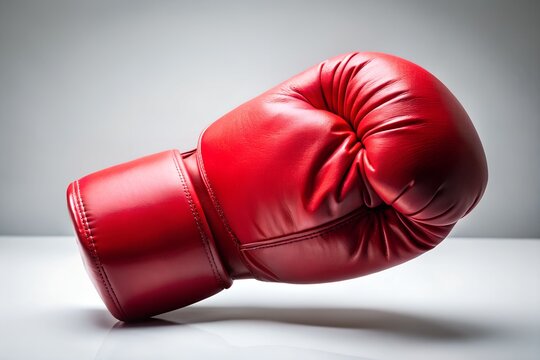 A single red boxing glove is lying on a white surface, casting a soft shadow, showcasing the sports equipment and its readiness for action