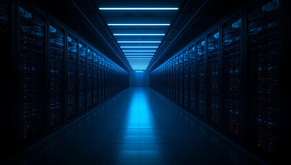 Futuristic dark server room corridor with glowing blue neon lights and rows of computer racks