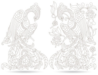 A set of contour illustrations in the style of a stained glass window with fabulous birds, dark outlines on a white background