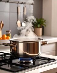 Pot on stove, steam rising